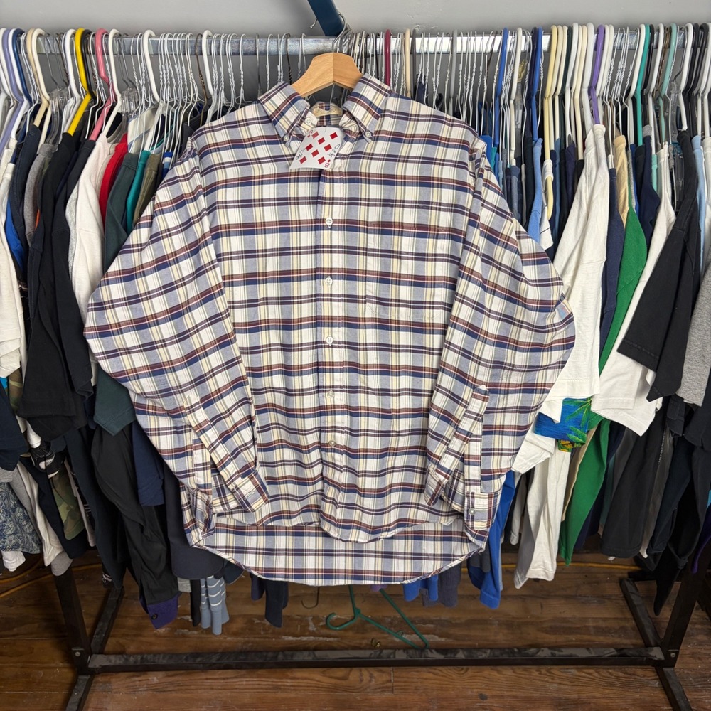 Vintage LL Bean Plaid Button Down Shirt Mens 15-32 Blue Burgundy Made in USA